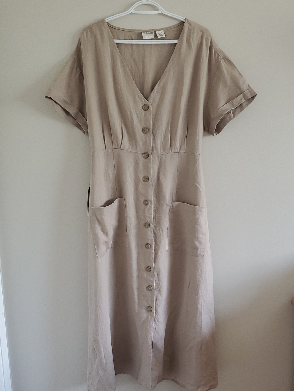 Rachel Zoe Taupe Button-Front Midi Linen V-Neck Dress with Tie Waist Sz XL